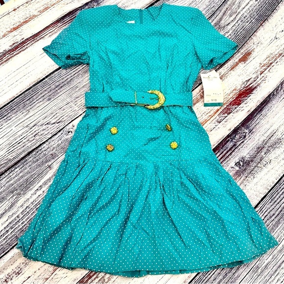 Vintage 90’s Teal Polka Dot Belted Dress “Blondie and Me” NWT​ - Picture 2 of 11